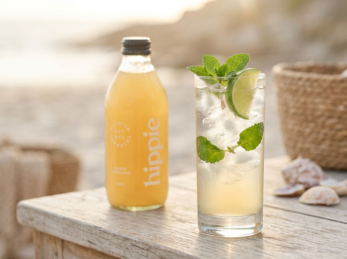 Mango Kombucha served cold over ice and garnished for freshness