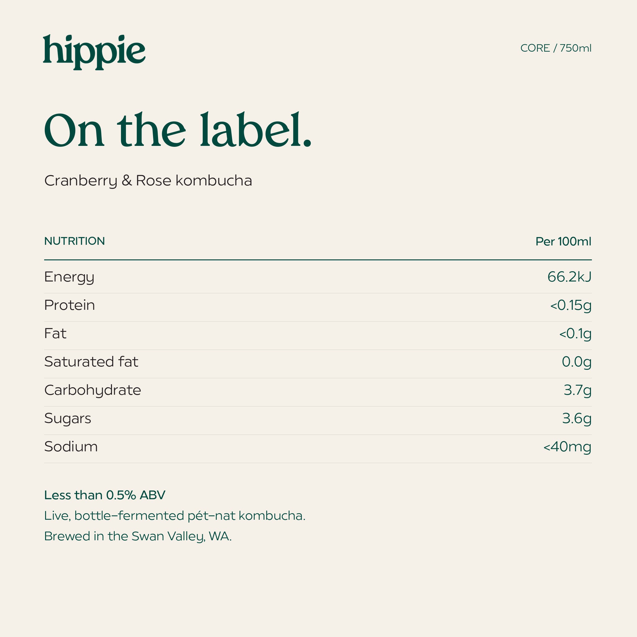 Hippie Cranberry & Rose kombucha 750ml nutrition information