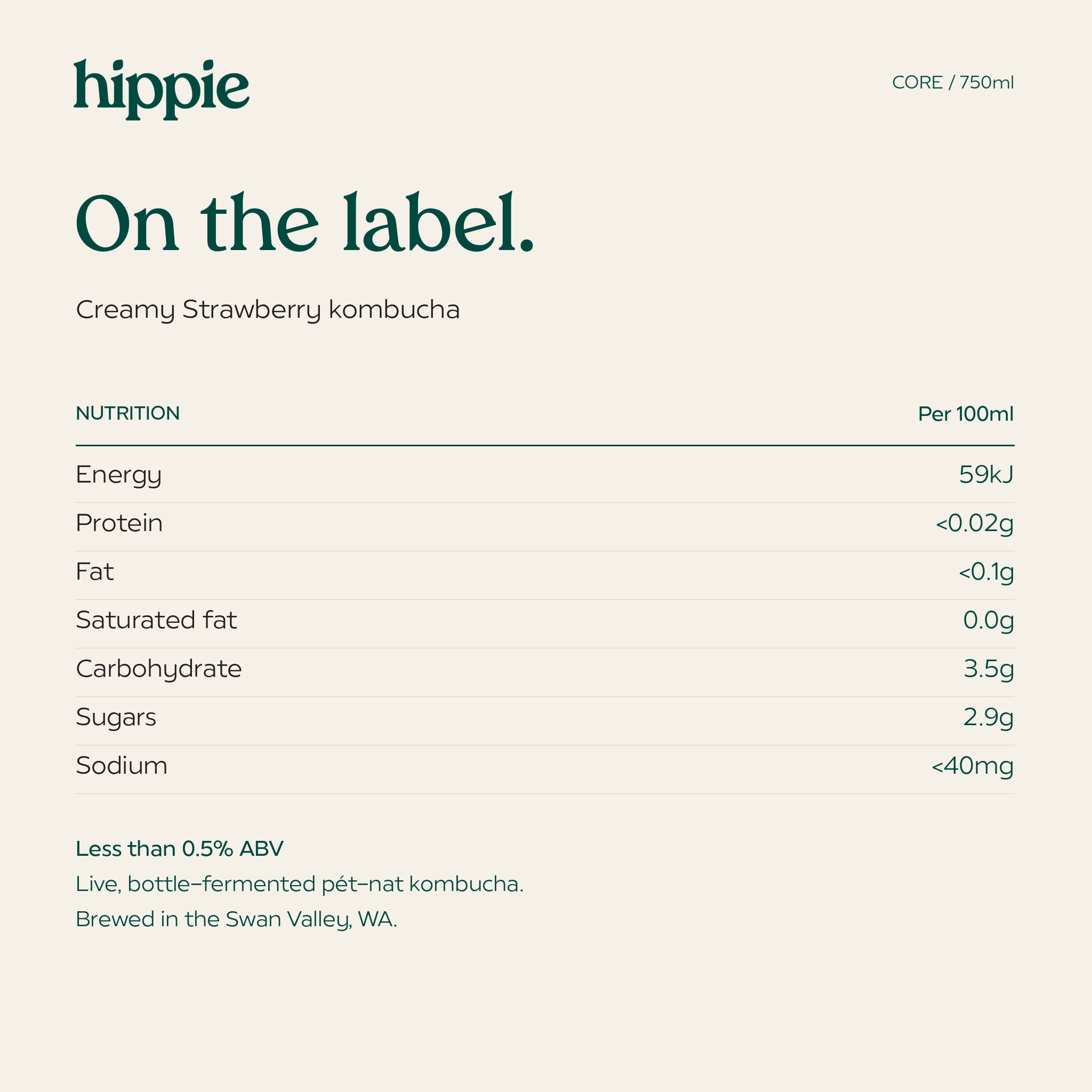 Hippie Creamy Strawberry kombucha 750ml nutrition information