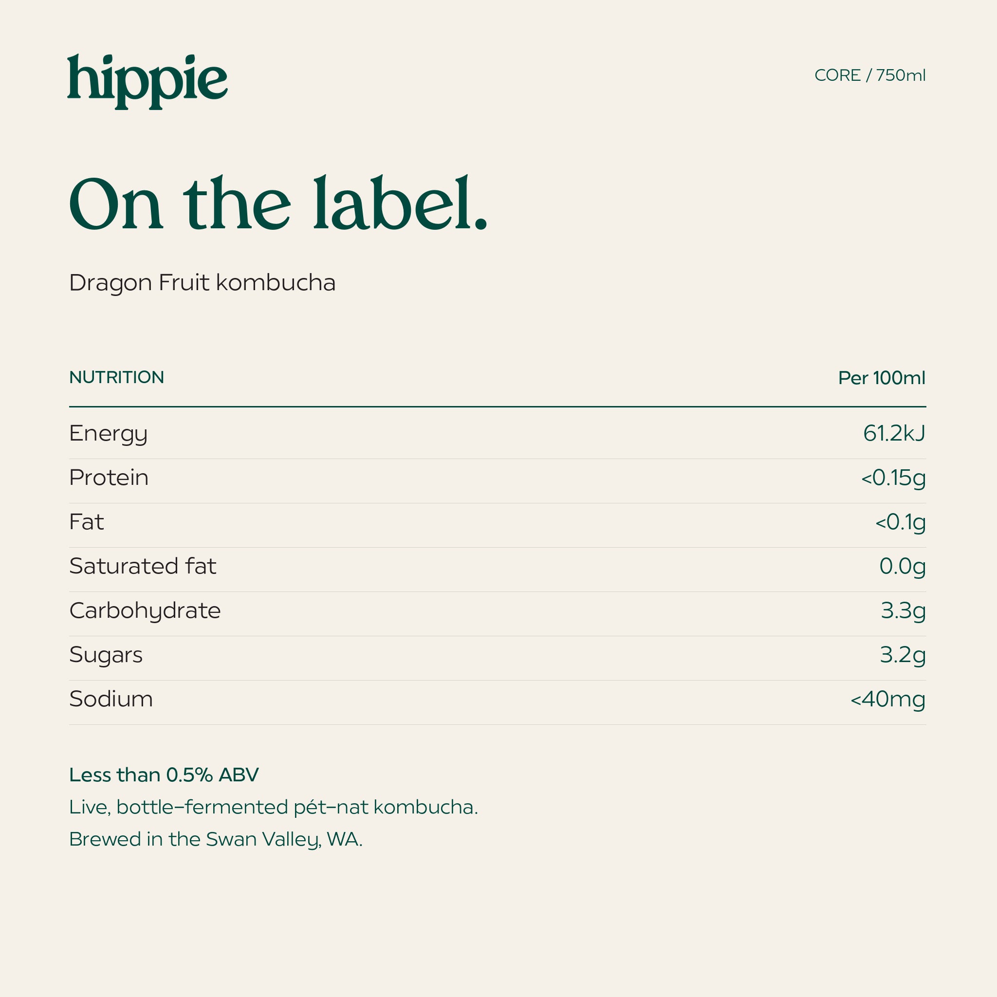 Hippie Dragon Fruit kombucha 750ml nutrition information