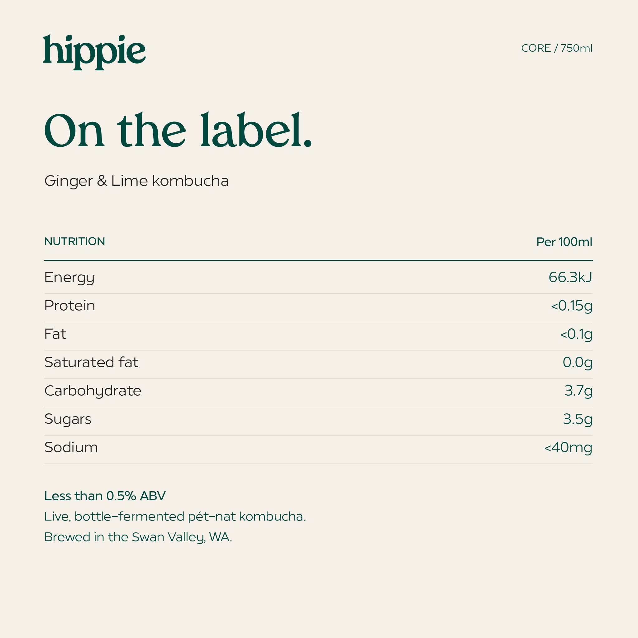 Hippie Ginger & Lime kombucha 750ml nutrition information